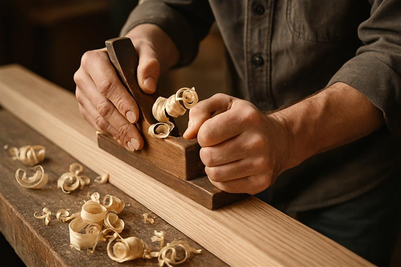 Experienced hands crafting wood